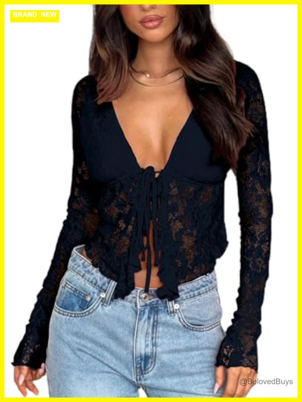 Women's Long Sleeve Lace Mesh Crop Top Ruffle Tie Front Blouse Party